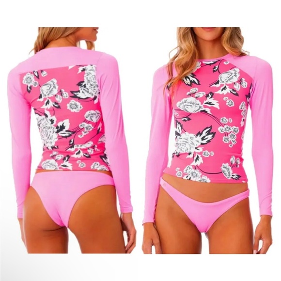 Maaji Diver RashGuard Large Pink Floral UPF 50+ Surf Paddle Swim Long Sleeve NWT - Picture 1 of 12